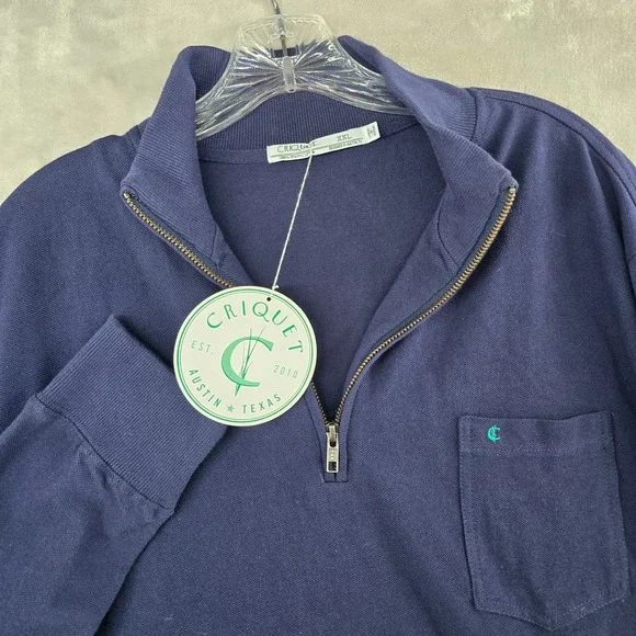 Criquet 1/4 Zip Pullover Mens XXL Navy Blue Organic Cotton Pique Pocket Sweater - Picture 1 of 8